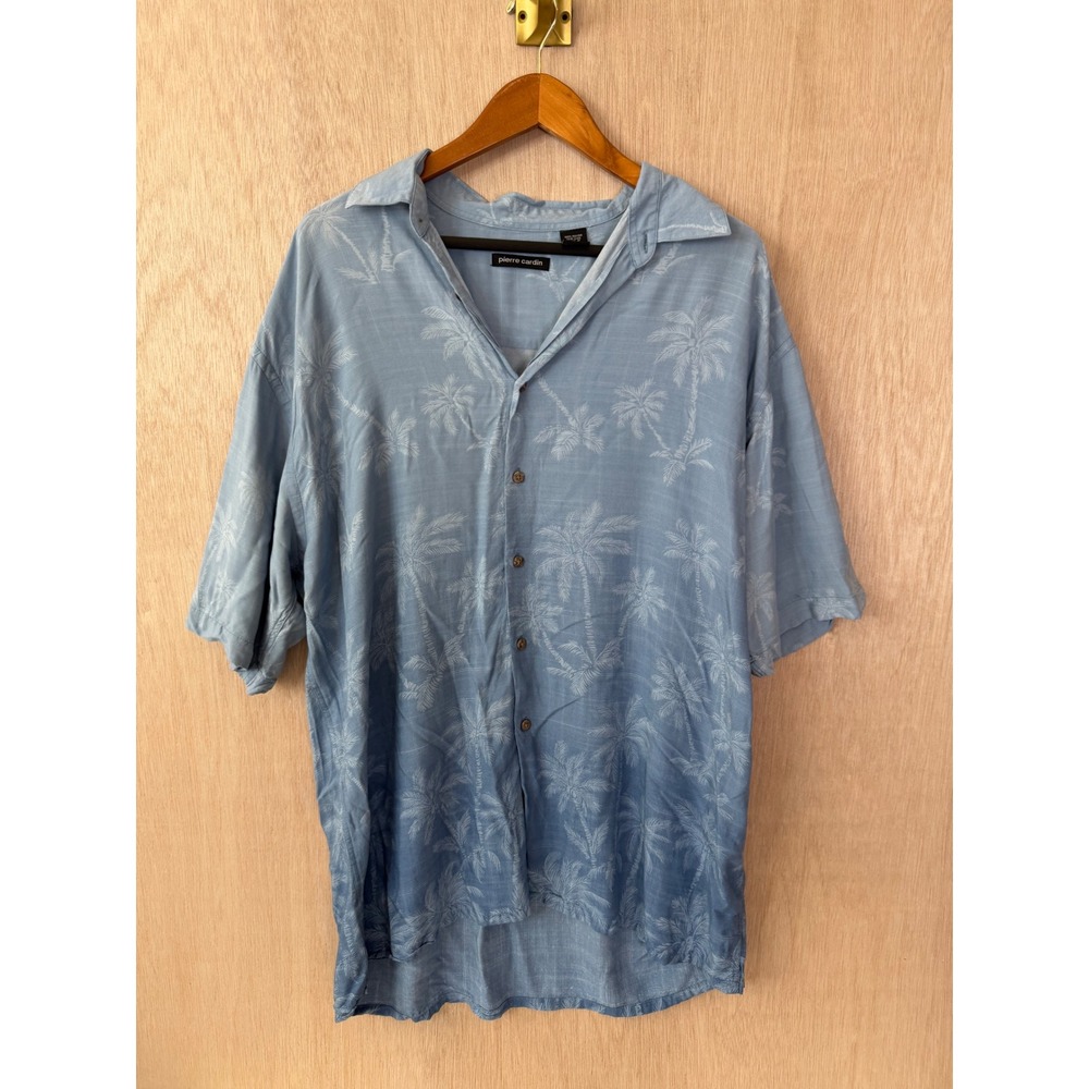 Pierre Cardin Mens XL Blue Palm Tree Tropical Rayon SS Button Down Shirt